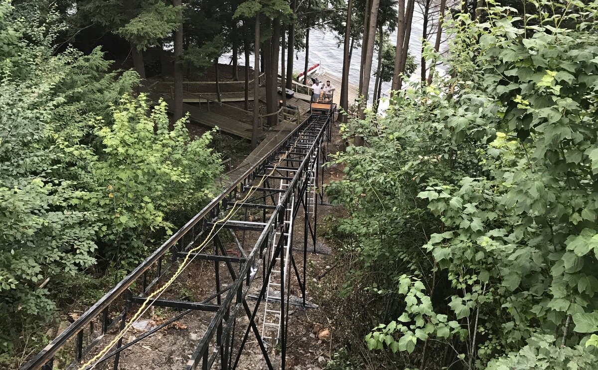 This photo shows the height and length of the track. We lifted all but the last few sections of track into place with the gantry crane.