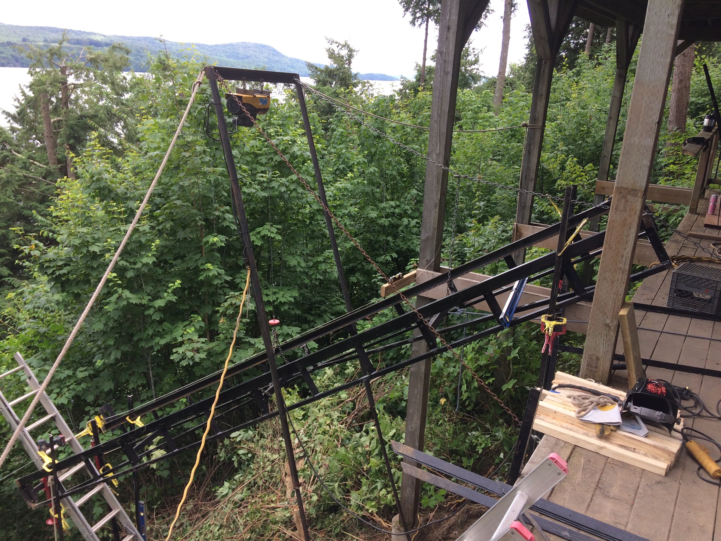 Our gantry crane in action, lifting the track into place.