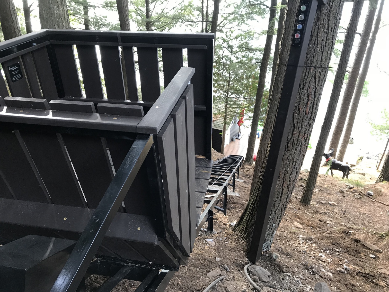 We kept the track and car as close to the hill as possible to preserve access to the storage shed door and the area behind the shed. The door is reachable even with the car in the lower station, and the PARK button moves the car completely out of the way while keeping it handy.