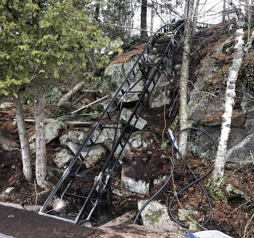 Another look at the lower section. The track changes angle by about 20 degrees, requiring almost seven feet of curved track.