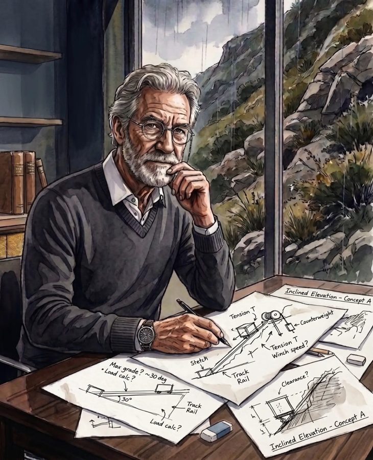Watercolour illustration of founder John Weinstein at a drafting table, reviewing hand-drawn inclined lift concept sketches with a rocky hillside outside the window.
